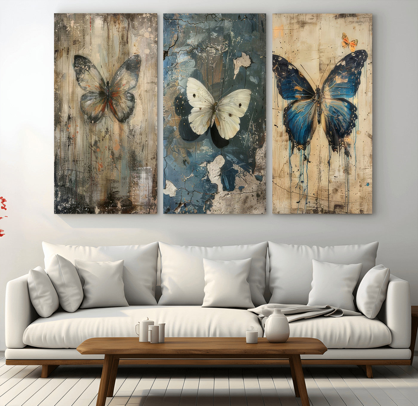 MGV-CV-48X32-3P - Butterfly Wall Art Trio | Vintage Butterfly Canvas Print | Ready to Hang Framed Artwork for