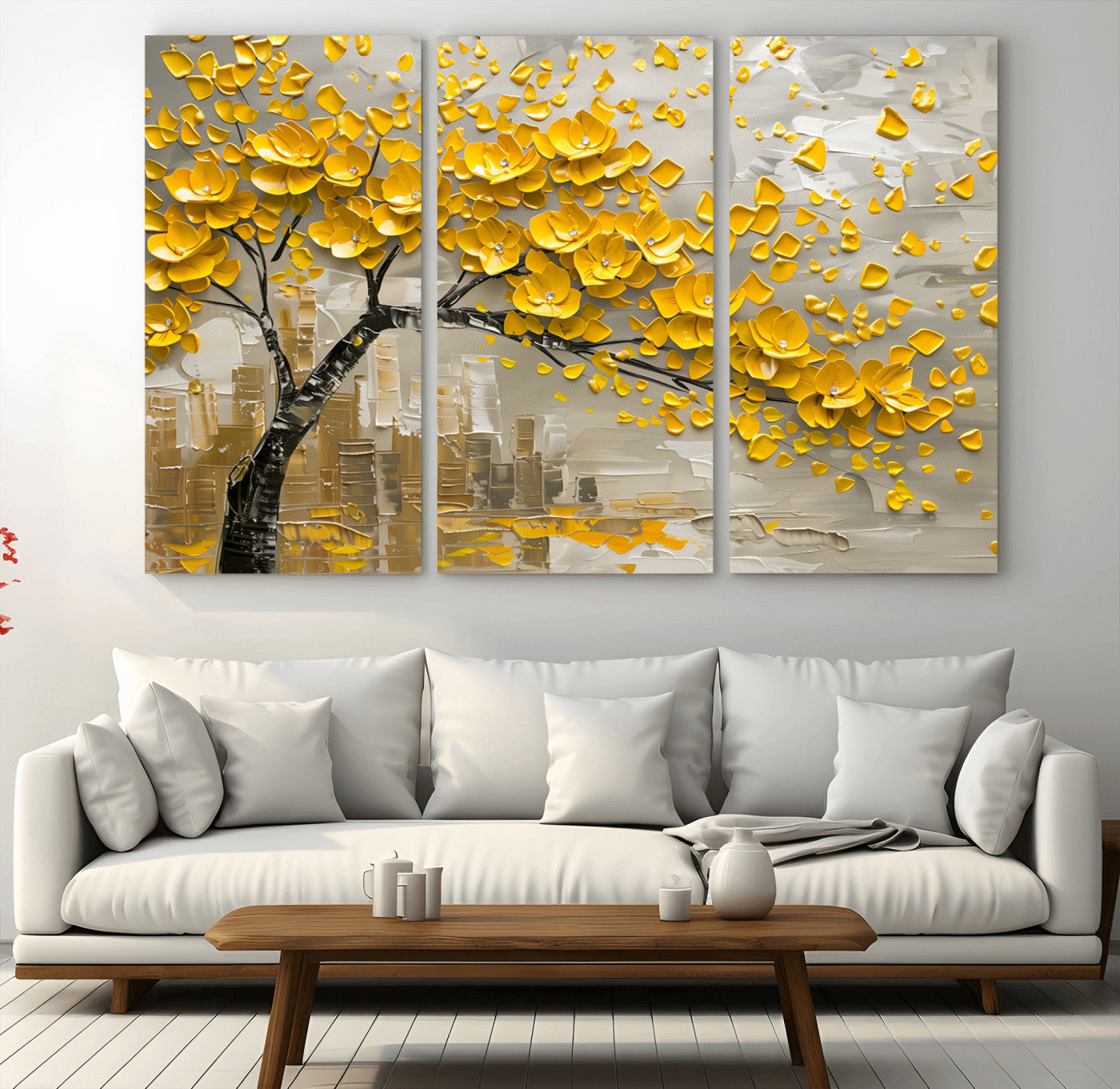 MGV-CV-48X32-3P - Yellow Blossom Tree Canvas Wall Art - Floral Abstract Modern Contemporary Artwork for Living Room or