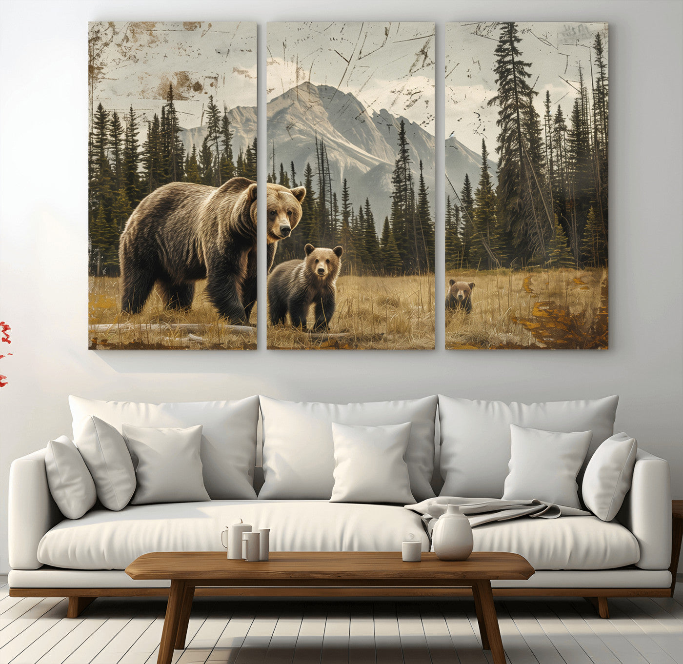 MGV-CV-48X32-3P - Rustic Grizzly 399 Bear Family Wall Art Canvas Print
