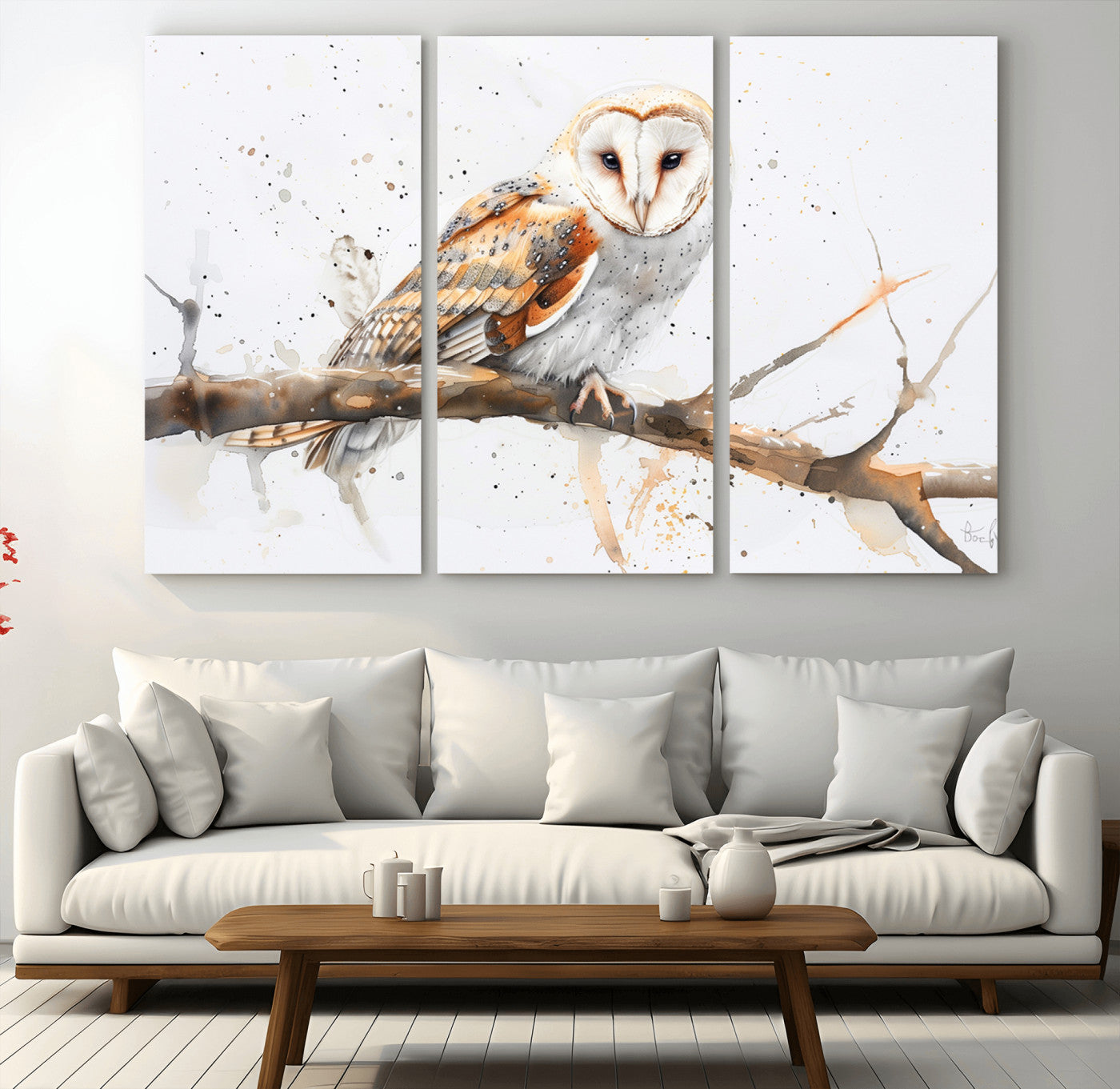 MGV-CV-48X32-3P - Barn Owl Wall Art on Branch | Stunning Canvas Print for Nature Lovers | Ready to Hang and Framed