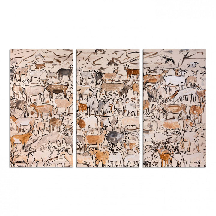 Framed Goat Herd Wall Art in minimal brush strokes on a beige backdrop, ideal for farmhouse or cabin decor.