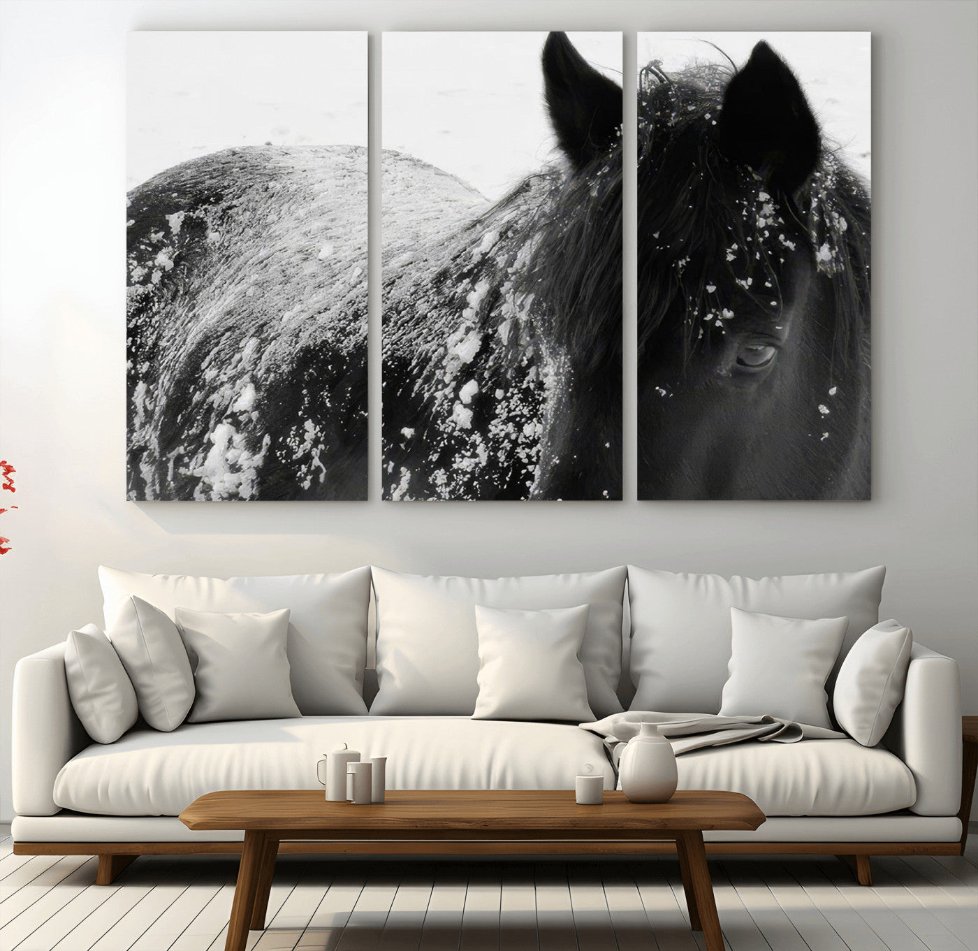 52886-MGV-CV-36X24-Black Horse in Snow Canvas Print | Winter Horse Wall Art | Ready to Hang and Framed | Farmhouse Wall