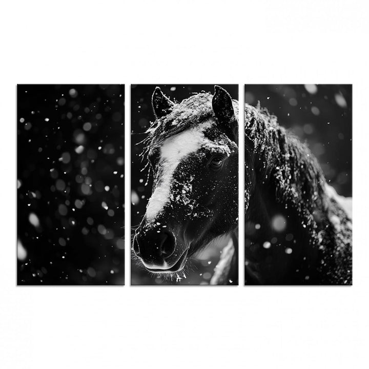 The Winter Horse Wall Art showcases a gentle horse print with snowflakes, ideal for rustic farmhouse or cabin decor.