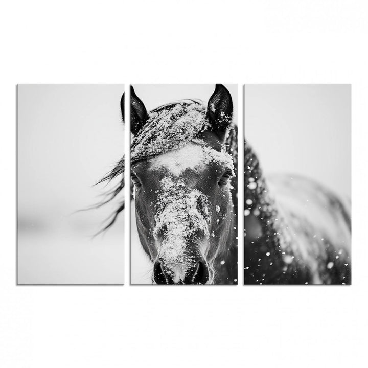 This black and white winter horse wall art enhances any decor; it is ready to hang and framed for a farmhouse or Western style.