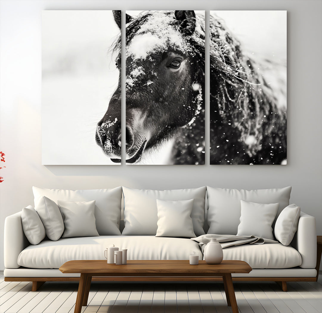 The wall art is a Black and White Horse piece, framed and ready to hang.