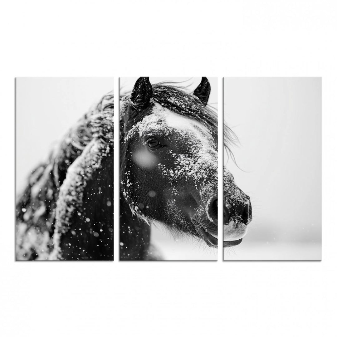 A large 3-panel rustic farmhouse wall art showcases a black and white winter horse canvas print against a snowy backdrop.