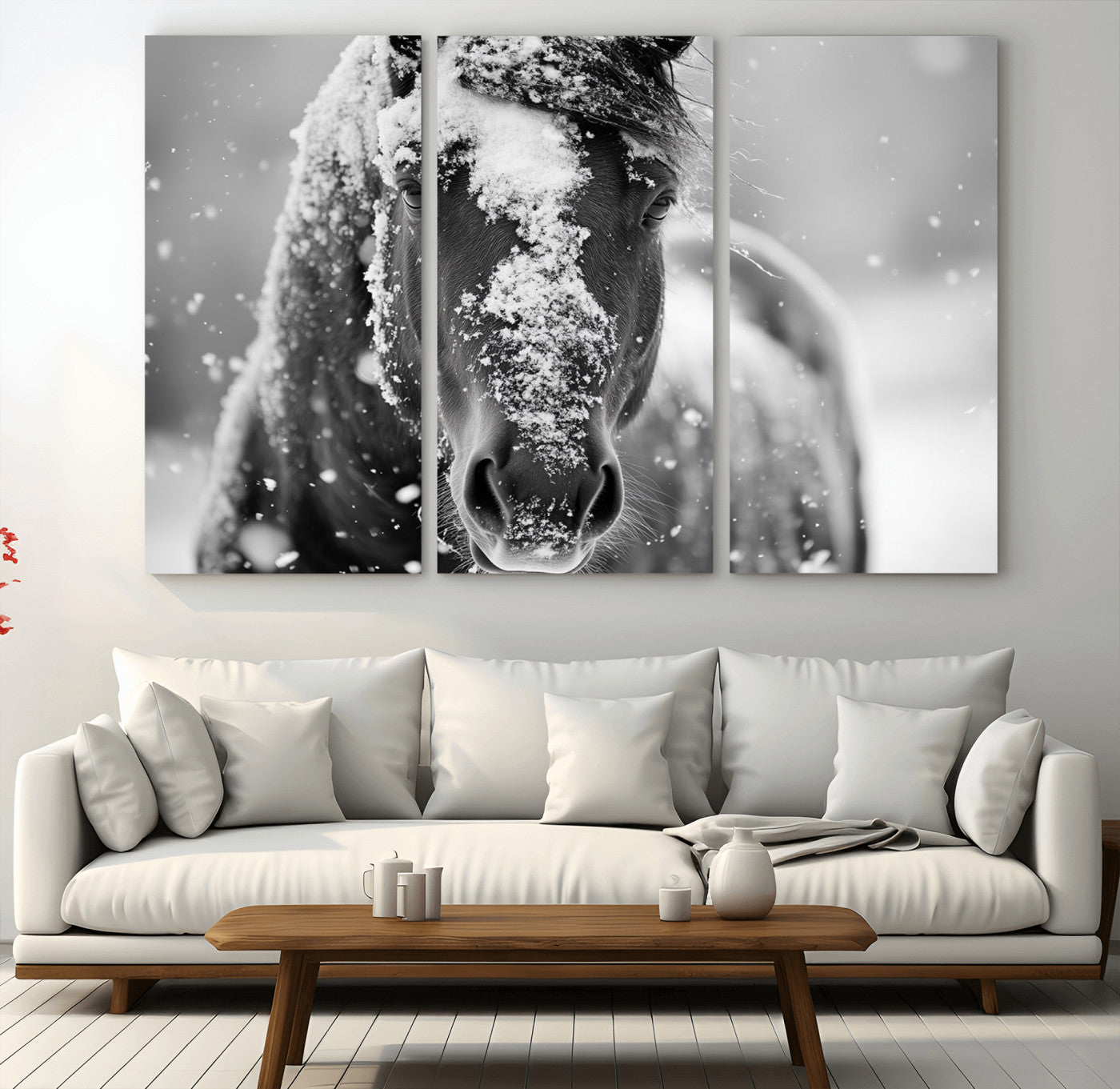MGV-CV-48X32-3P - Black and White Horse Winter Wall Art | Ready to Hang and Framed | Farmhouse Wall Decor | Western