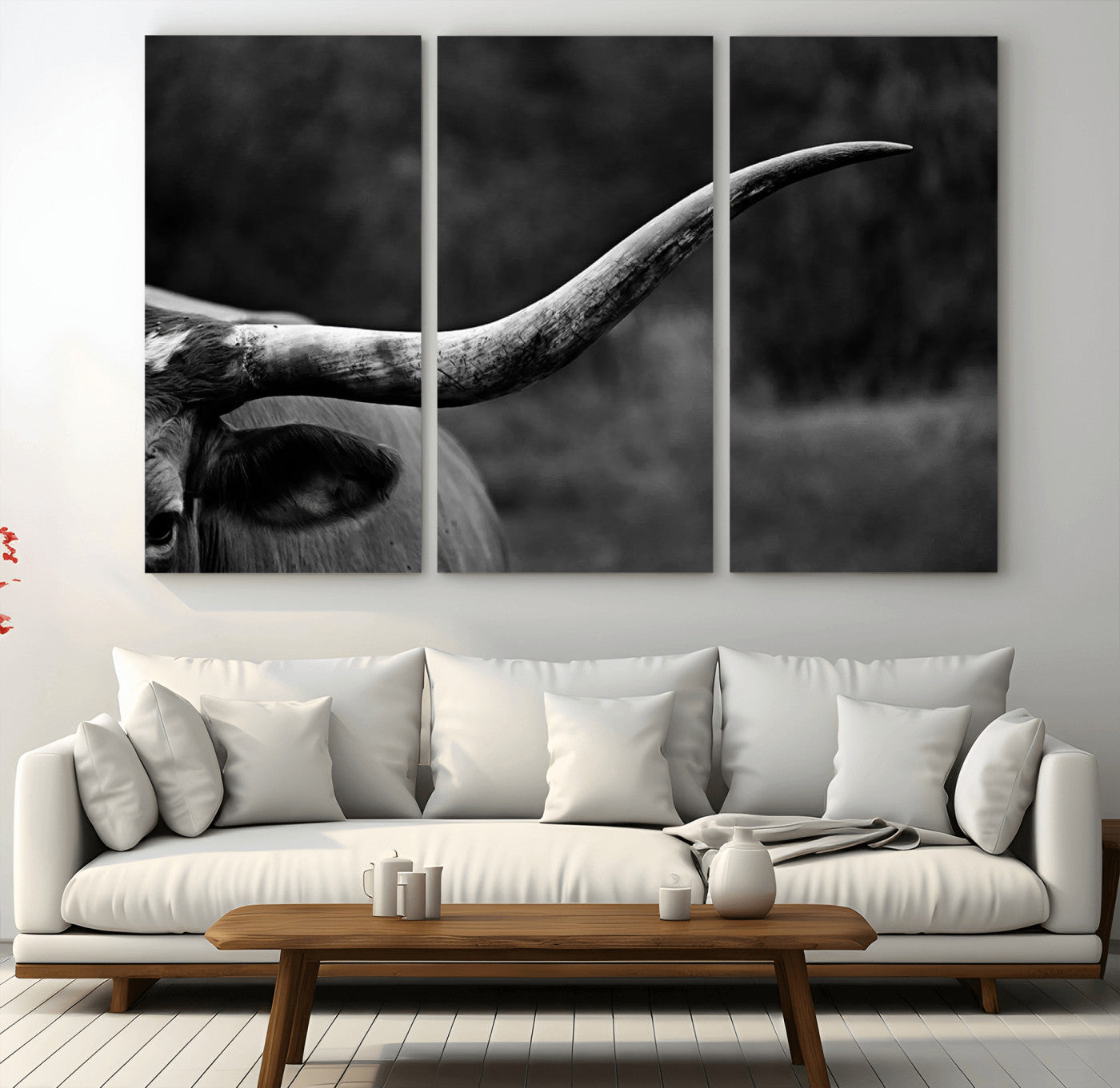 MGV-CV-48X32-3P - Cow Longhorn Wall Art | Black and White Print | Ready to Hang and Framed | Farmhouse Wall Decor |