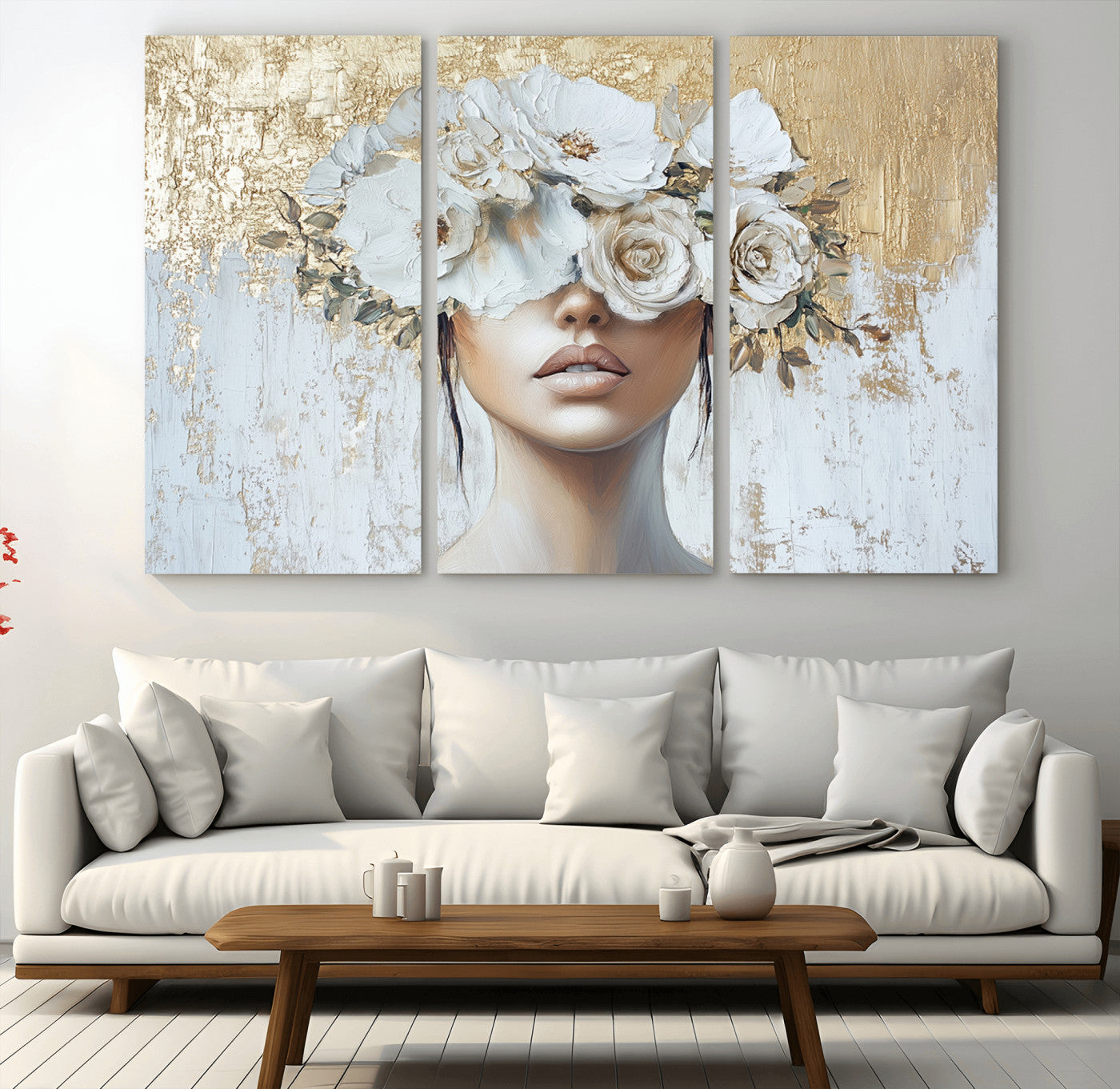 MGV-CV-48X32-3P - Golden Petal Wall Art - Canvas Print Flower Head Woman Painting Floral Woman Portrait Wall Decor,