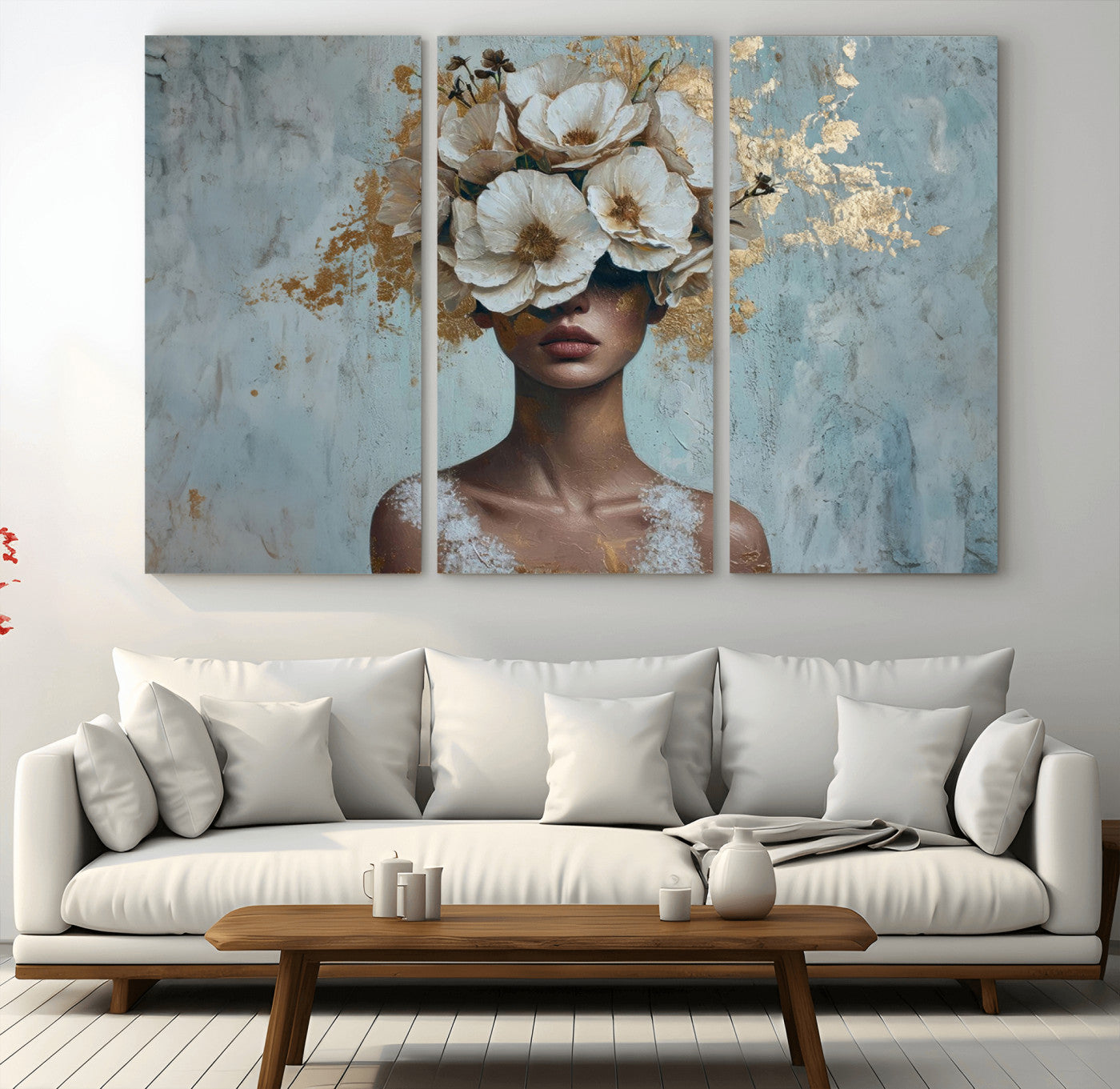 MGV-CV-48X32-3P - Golden Petal Wall Art - Petal Silhouette Woman Wall Art Canvas Print | Large 3-Panel Canvas with
