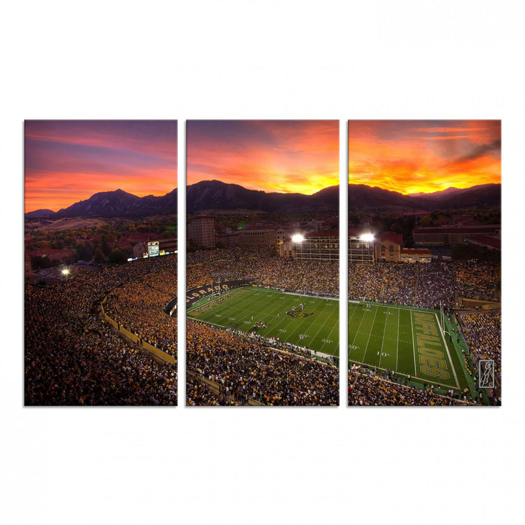 A vibrant mountain sunset at Folsom Field, home of the University of Colorado Football team, is captured in this stunning wall art canvas print.