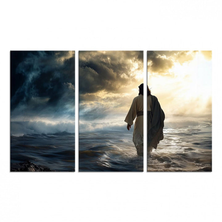 A dramatic sky serves as the backdrop for the Jesus Walking on Water wall art, a perfect piece for Christian home decor.