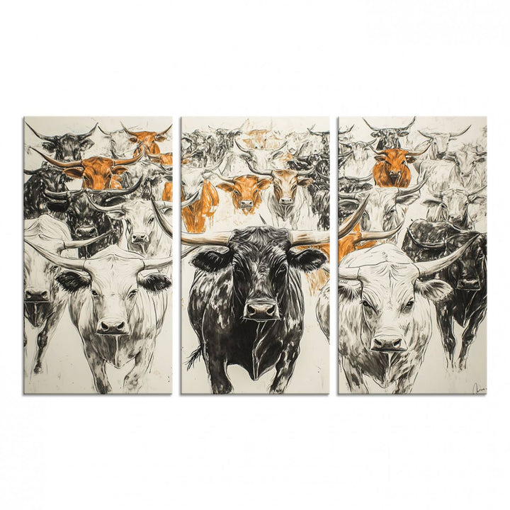 Texas Longhorn Wall Art canvas features cattle artwork with an abstract design, perfect for farmhouse decor on a porch.