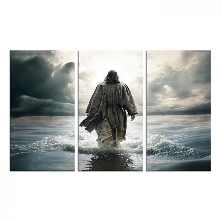 A canvas wall art depicting a figure walking on water beneath dramatic clouds, designed as inspirational religious imagery and ready to hang.