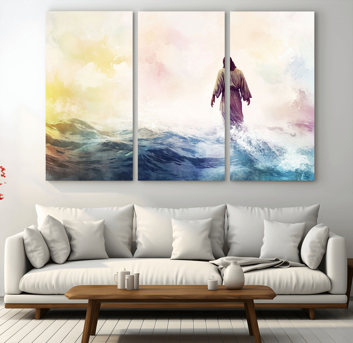MGV-CV-48X32-3P - Watercolor Jesus Walking on Water Canvas Print, Christian Wall Art, Jesus Christ Walking