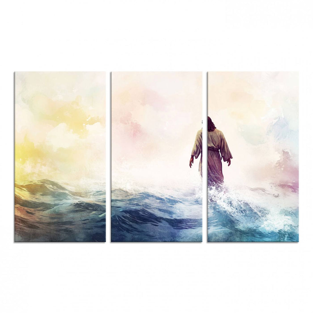 A robed figure strides on water in gentle waves, evoking the Watercolor Jesus Walking on Water canvas art.