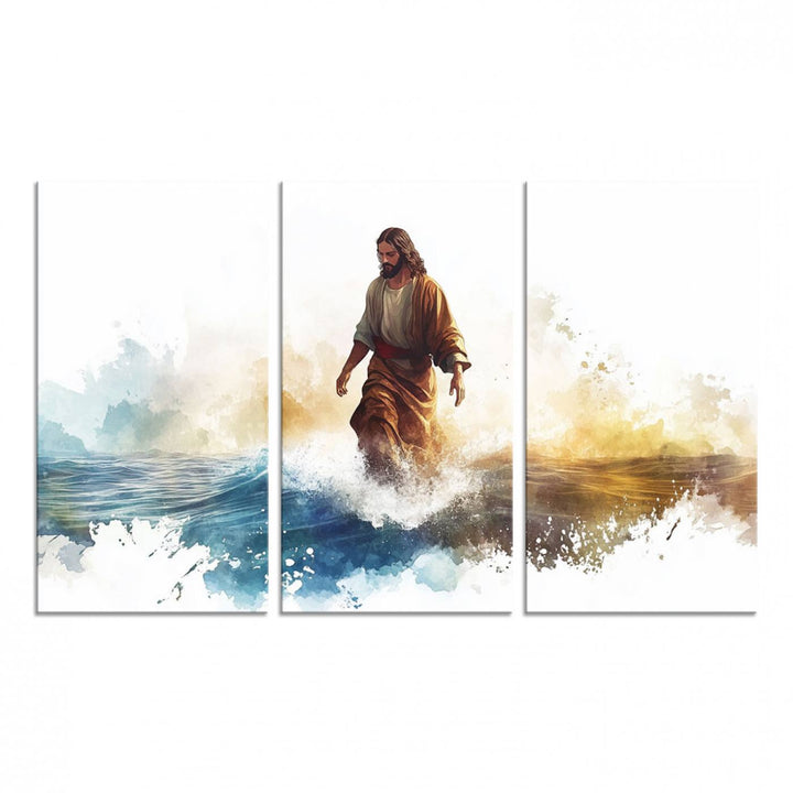 This watercolor canvas print depicts Jesus walking, characterized by abstract splashes against a serene background. It serves as a beautiful piece of Christian wall art.