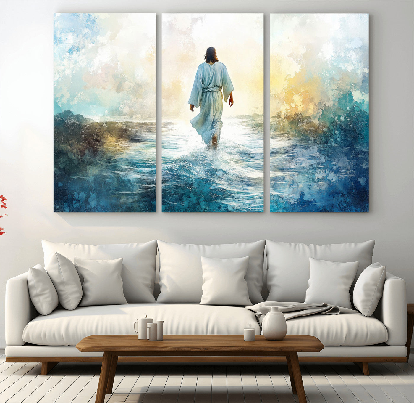 MGV-CV-48X32-3P - Watercolor Jesus Walking on Water Canvas Print, Christian Wall Art, Jesus Christ Walking