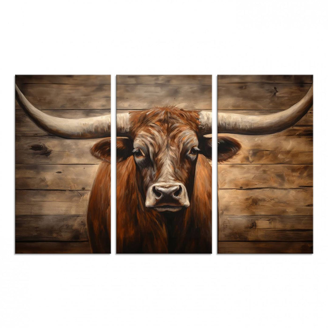 Longhorn Bull Canvas Print: Rustic Farmhouse Decor, Ready to Hang Western Barn Art.