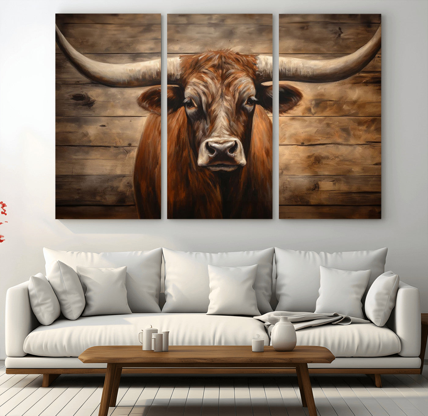 MGV-CV-48X32-3P - Longhorn Bull Wall Art | Canvas Print | Ready to Hang | Rustic Farmhouse Wall Decor | Western Barn