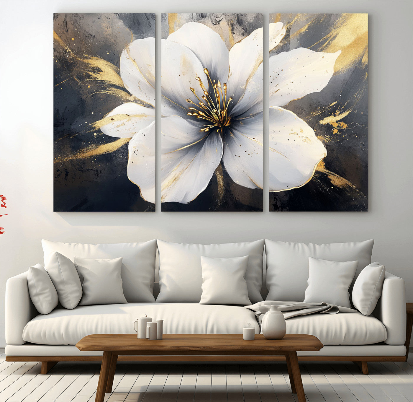 MGV-CV-48X32-3P - White Flower Wall Art Canvas Print | Ready to Hang | Abstract Floral Wall Decor | Elegant Bloom