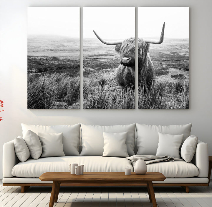 Scottish Highland Cow Wall Art | Black and White Canvas Print | Ready to Hang and Framed | Rustic Farmhouse Wall Decor for Living Room or
