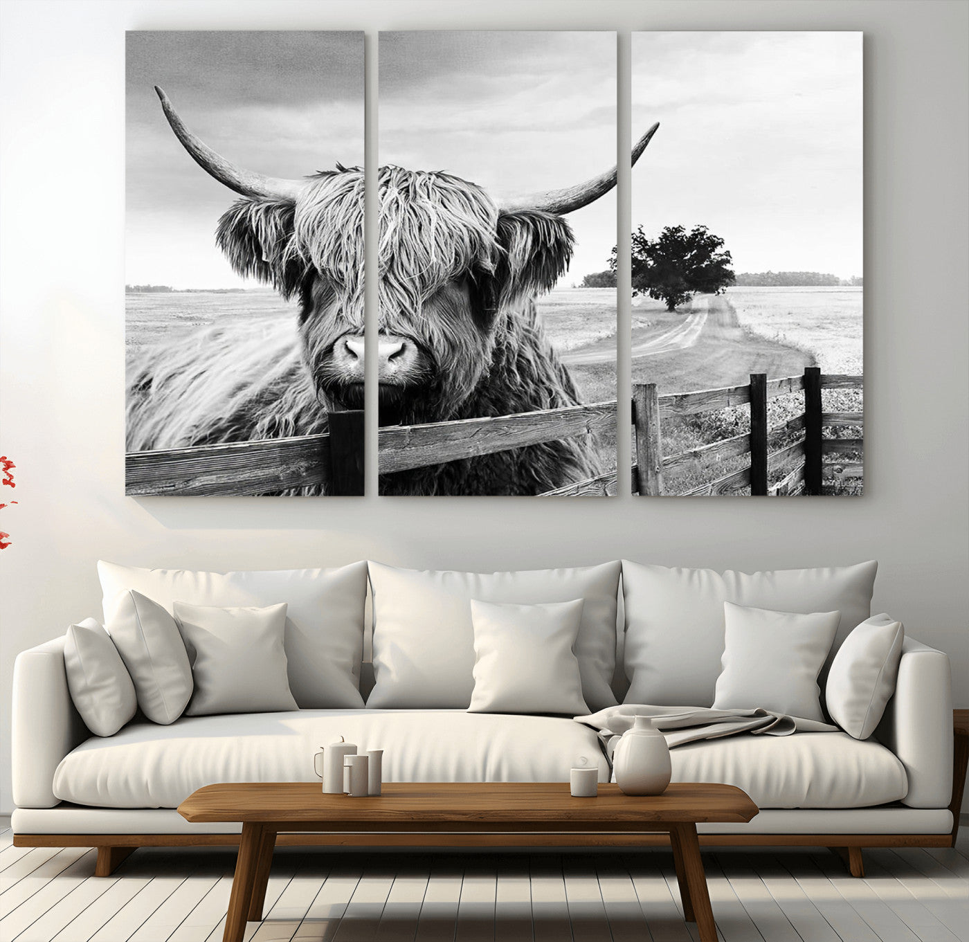-Scottish Highland Cow Wall Art | Rustic Farmhouse Décor | Black and White Ready to Hang Canvas Print