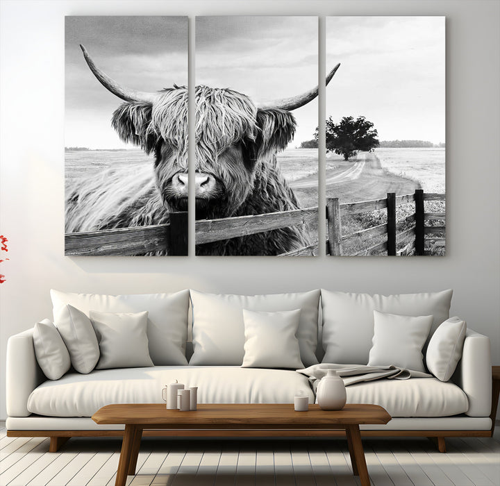 Scottish Highland Cow Wall Art | Rustic Farmhouse Décor | Black and White Ready to Hang Canvas Print