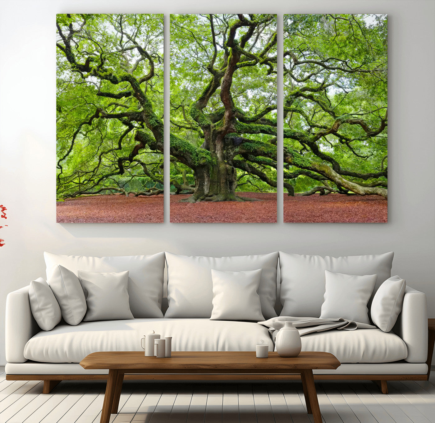 MGV-CV-48X32-3P - Framed Angel Oak Tree Wall Art - 3-Panel Canvas Prints, Large Green Nature Artwork, Ready to Hang