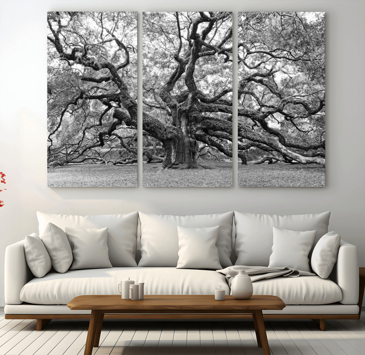 MGV-CV-48X32-3P - Black White Angel Oak Tree Wall Art - Timeless Nature-Inspired Canvas for Rustic, Modern, or