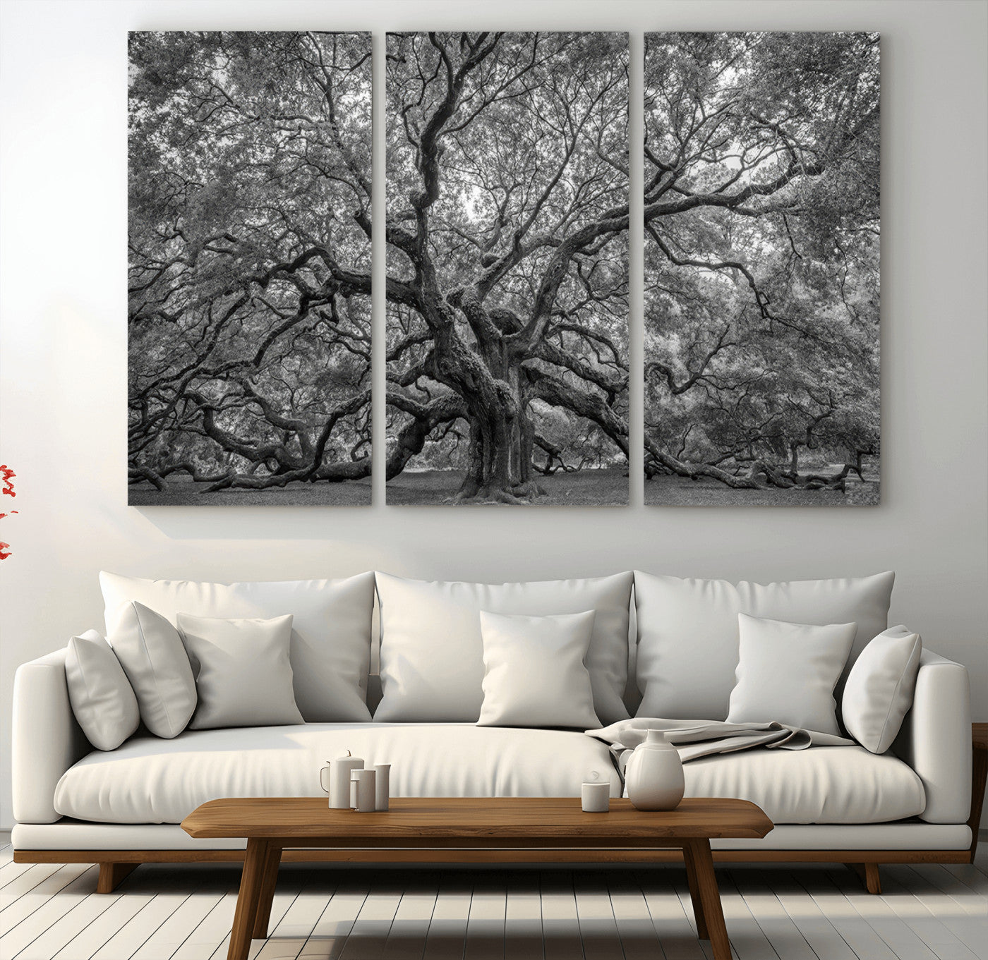 MGV-CV-48X32-3P - Majestic Angel Oak Tree Black and White Canvas Print – Multi Panel Wall Art, Giclée Print, Ready to
