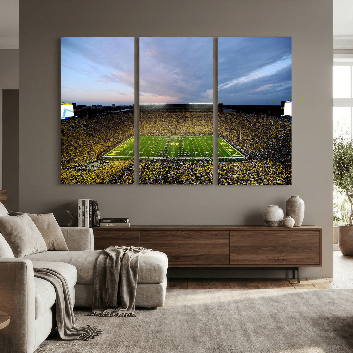 82641-MGV-CV-36X24 - Michigan Stadium Wall Art Canvas Print, Vibrant Game Day Crowd and Sunset Sky Football Field Artwork for Home, Office