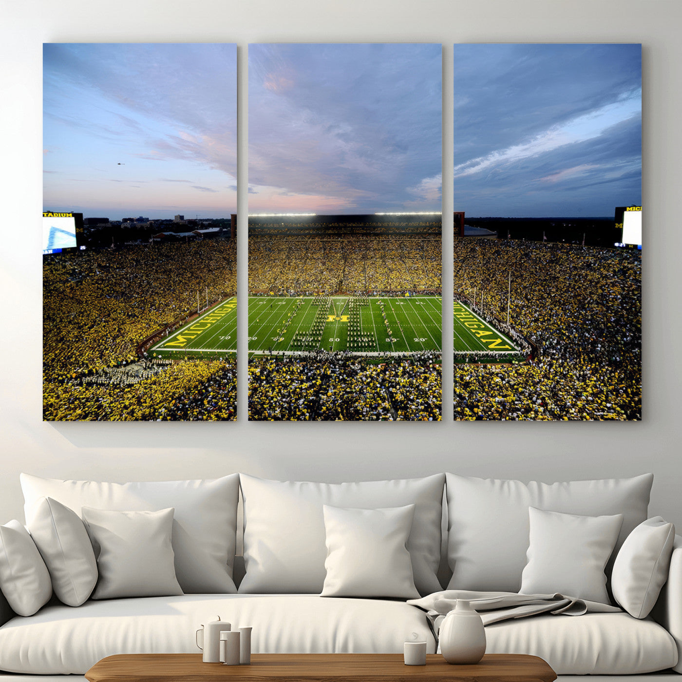 82641-MGV-CV-48X32-3P - Michigan Stadium Wall Art Canvas Print, Vibrant Game Day Crowd and Sunset Sky Football Field Artwork for Home, Office
