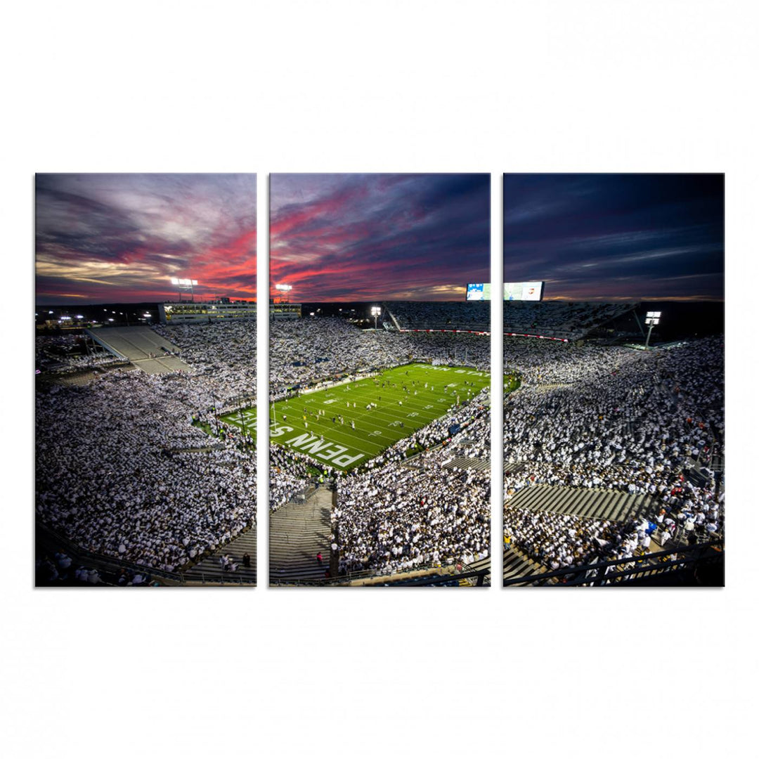 A sunset print on a canvas wall art piece captures the scene of white-clad fans at Beaver Stadium for the Nittany Lions game.