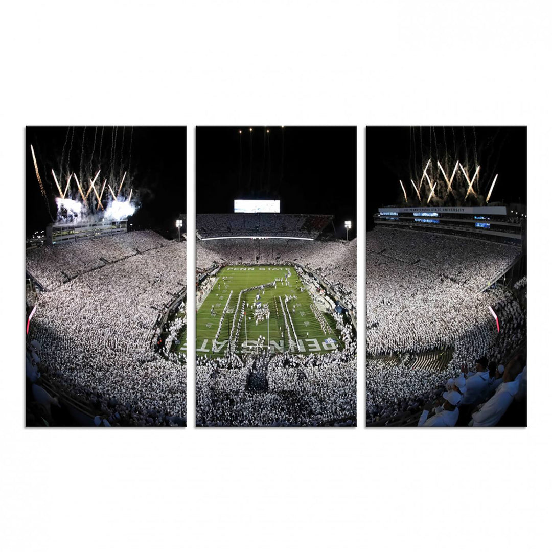 Wide-angle print of a packed stadium with fireworks, ideal gallery-quality wall art - Penn State Nittany Lions Canvas.