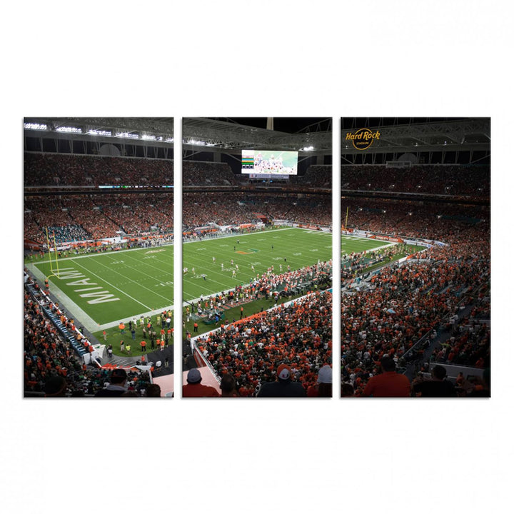 Aerial view of a Miami Hurricanes game at Hard Rock Stadium captured on canvas print, showcasing the teams on the field and fans in the stands.