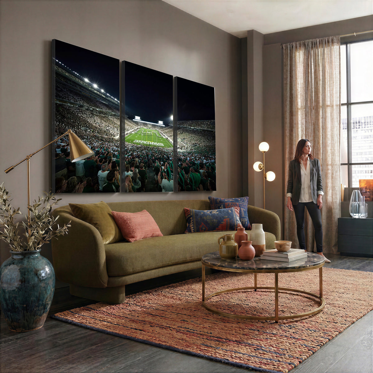57523-PAN-FL-20X10 - Framed Michigan State Spartans Football Team Print - East Lansing Spartan Stadium Wall Art Canvas