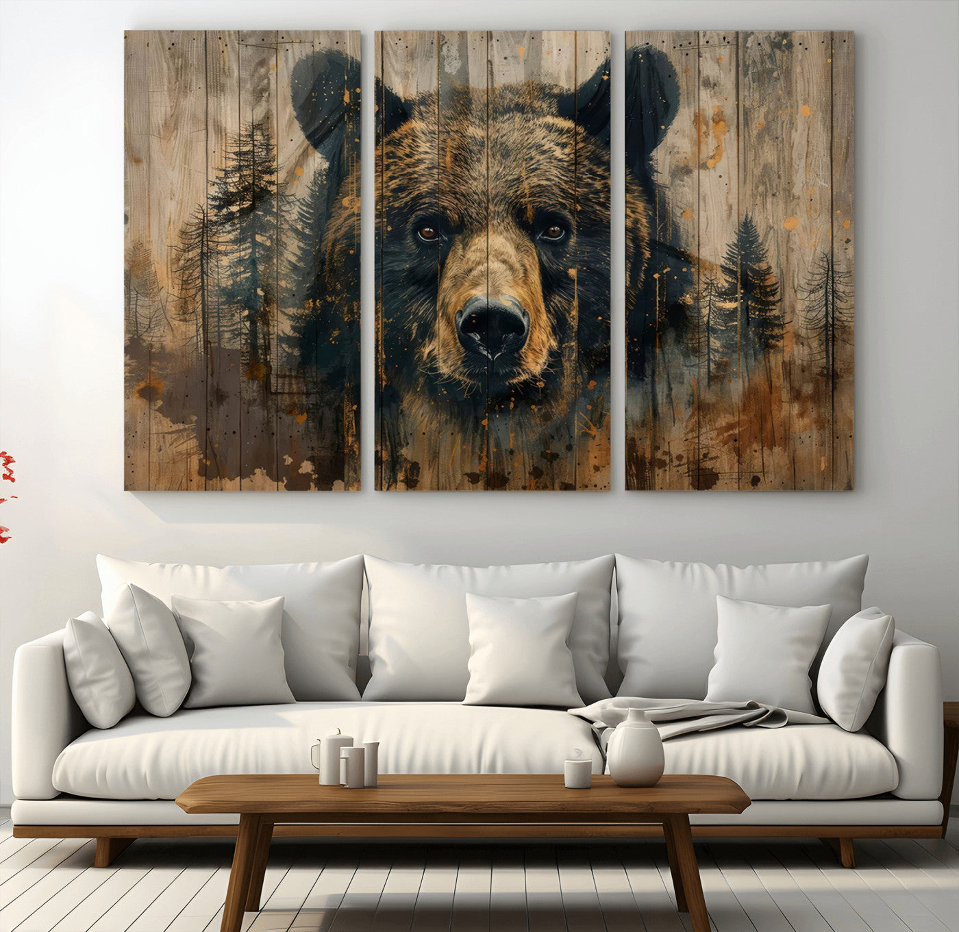 MGV-CV-48X32-3P - Abstract 399 Bear Wall Art | Rustic Cabin Wall Decor with Forest Design | Framed and Ready to Hang |