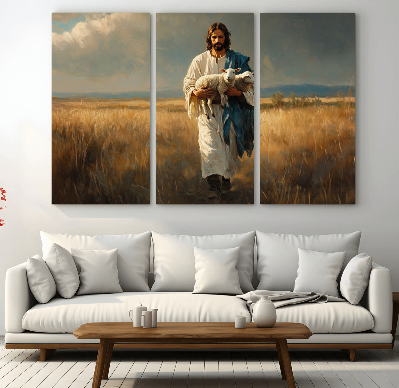 36769-MGV-CV-36X24-Jesus Shepherd Wall Art | Ready to Hang Triptych Canvas of Jesus Holding a Lamb in a Field |