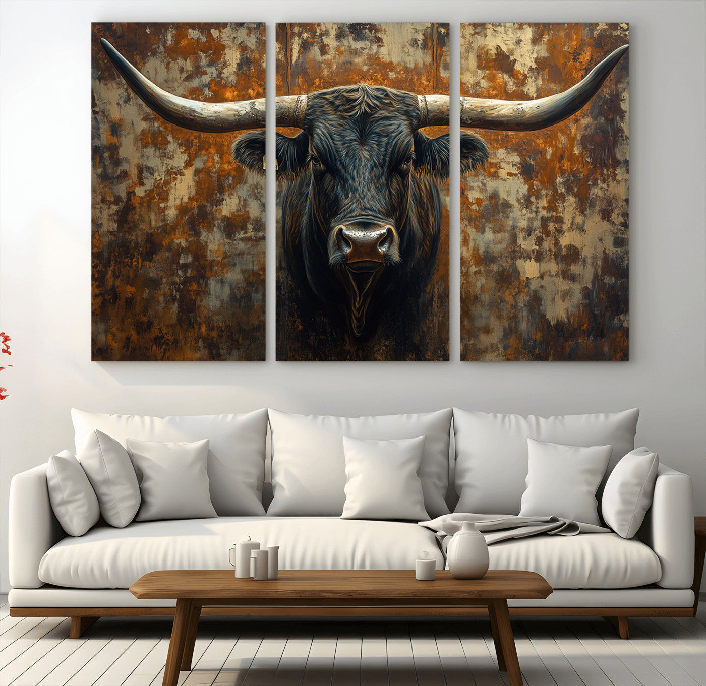 MGV-CV-48X32-3P - Longhorn Texas Cow Bull Wall Art | Rustic Farmhouse Canvas Print | Ready to Hang Barn Decor for