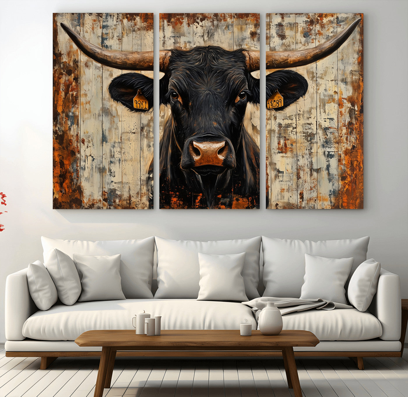 MGV-CV-48X32-3P - Rustic Texas Artwork Wall Art Canvas Print - Abstract Cow Longhorn Bull Wall Art Canvas Print
