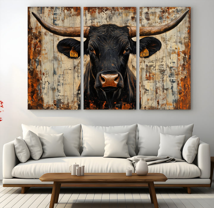 Rustic Texas Artwork Wall Art Canvas Print - Abstract Cow Longhorn Bull Wall Art Canvas Print