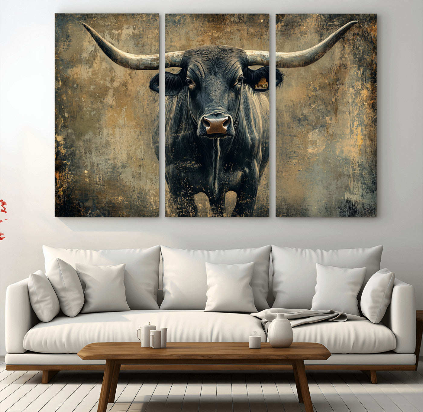 MGV-CV-48X32-3P - Longhorn Bull Wall Art Canvas Print, Framed Rustic Cow Art Picture Print, Texas Longhorn Perfect Western Decor Artwork