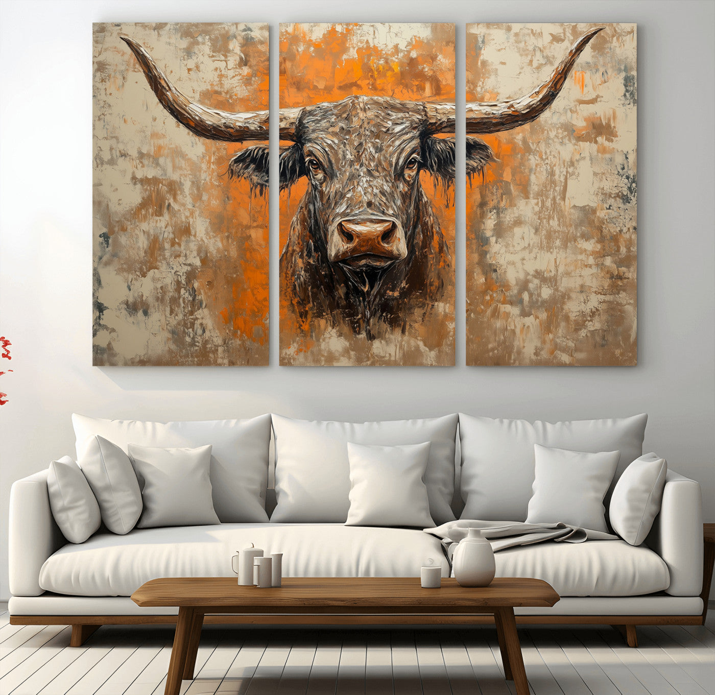 MGV-CV-48X32-3P - Abstract Cow Longhorn Bull Wall Art Canvas Print - Rustic Texas Western Cattle Artwork