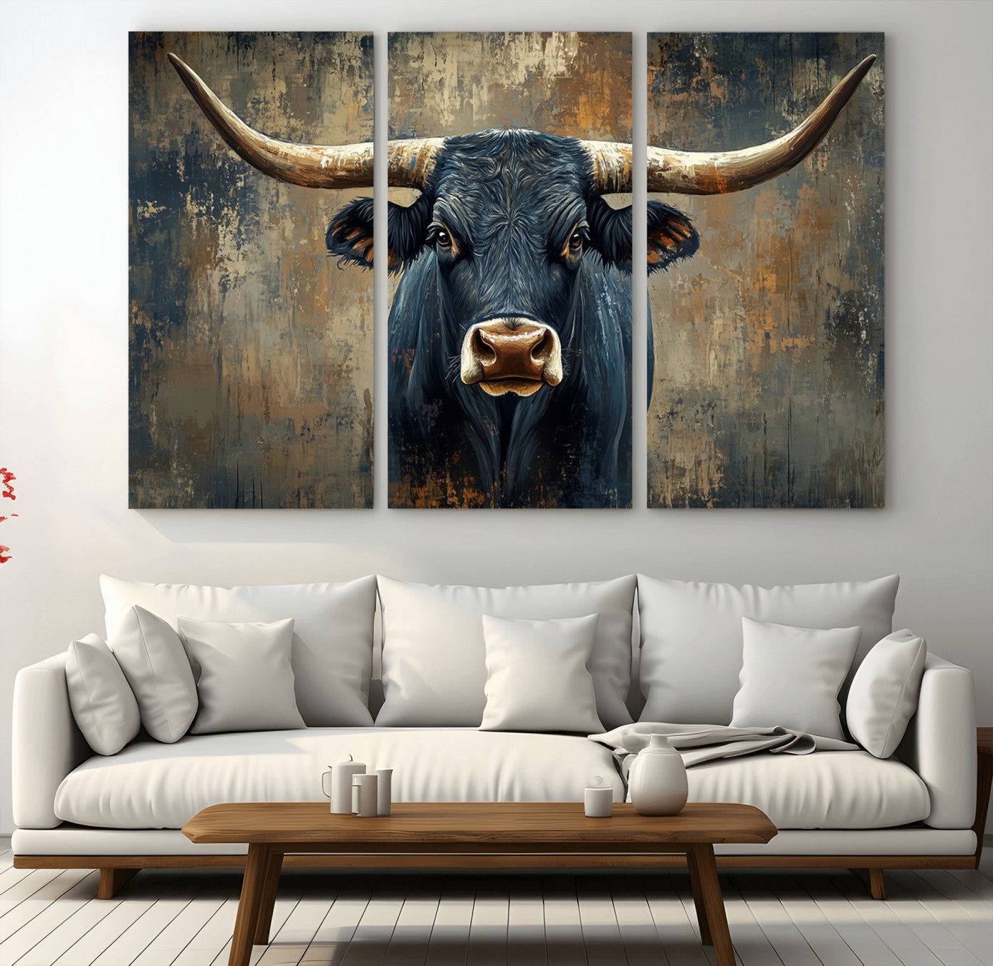 MGV-CV-48X32-3P - Texas Western Wall Art Canvas Print - Abstract Cow Longhorn Bull Wall Art Canvas Print - Rustic Cow