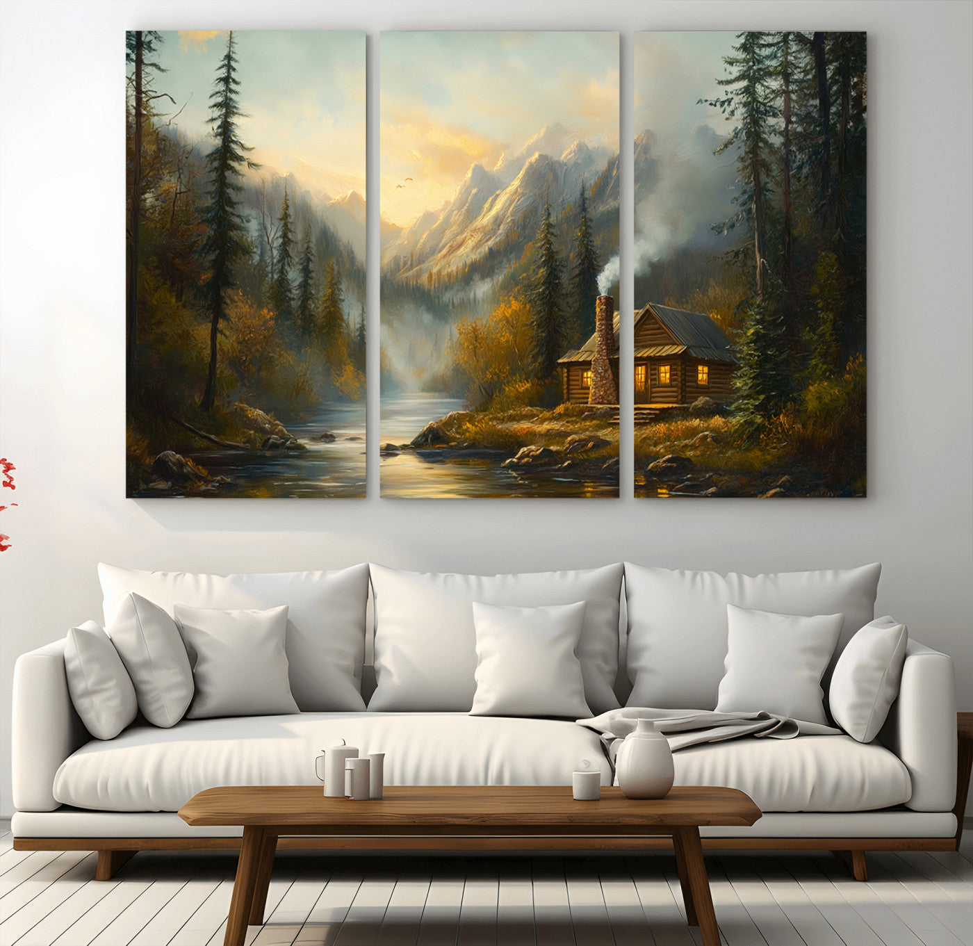 MGV-CV-48X32-3P - Wood Cabin Retreat Mountain at Sunset Wall Art Print - Serene Forest and River Landscape Wall Art