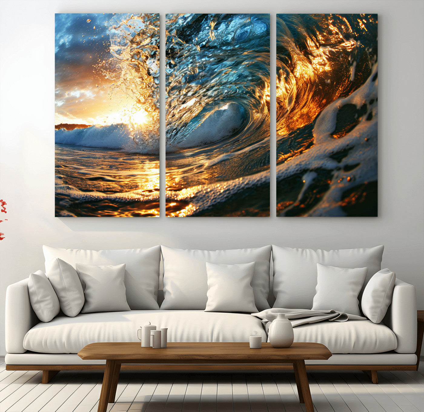 MGV-CV-48X32-3P - Ocean Wave at Sunset Canvas Wall Art – Vibrant Coastal Beach Waves Print, Large Nautical Decor,