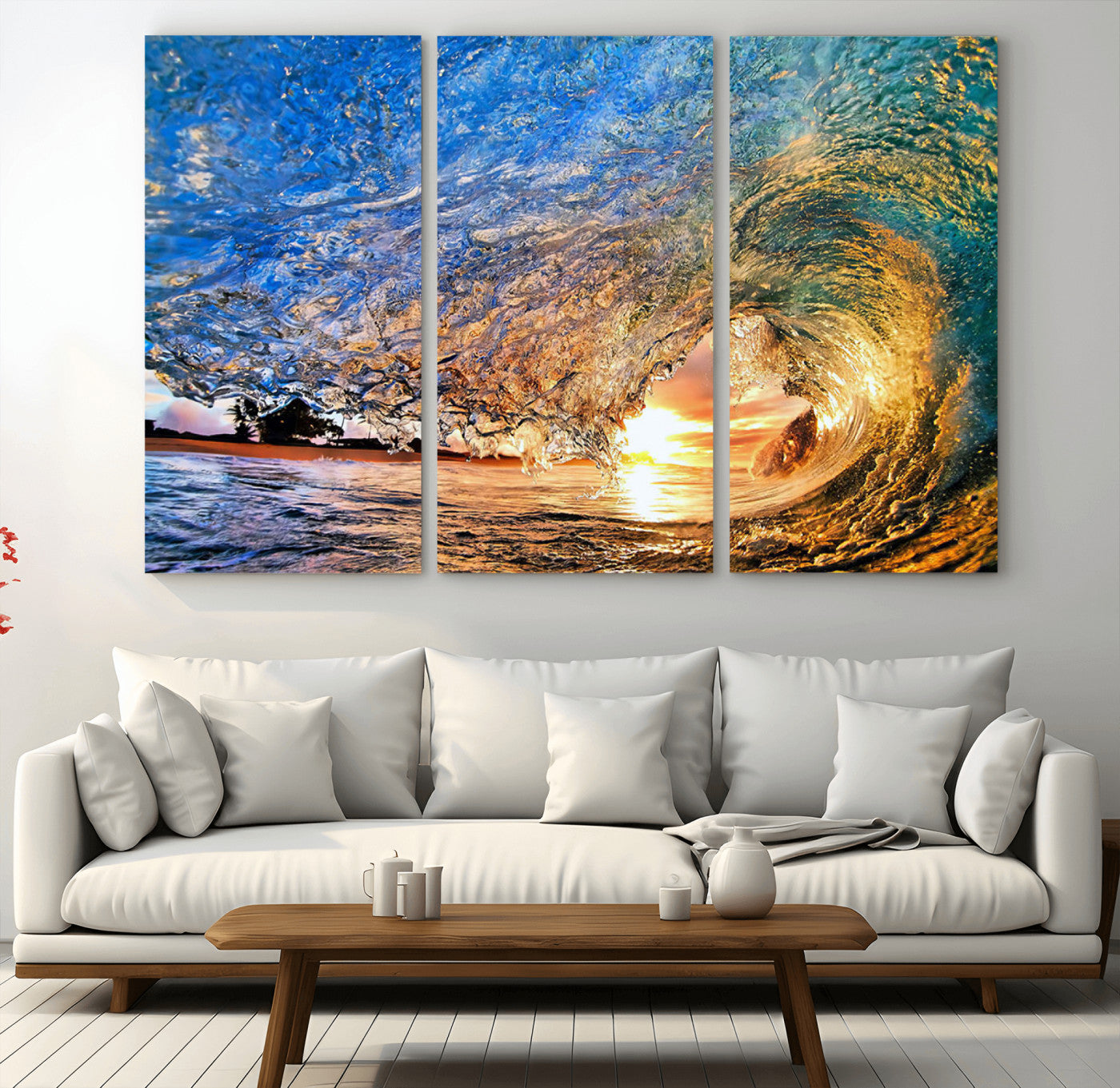 MGV-CV-48X32-3P - Ocean Wave at Sunset Canvas Wall Art – Vibrant Coastal Beach Waves Print, Large Nautical Decor,