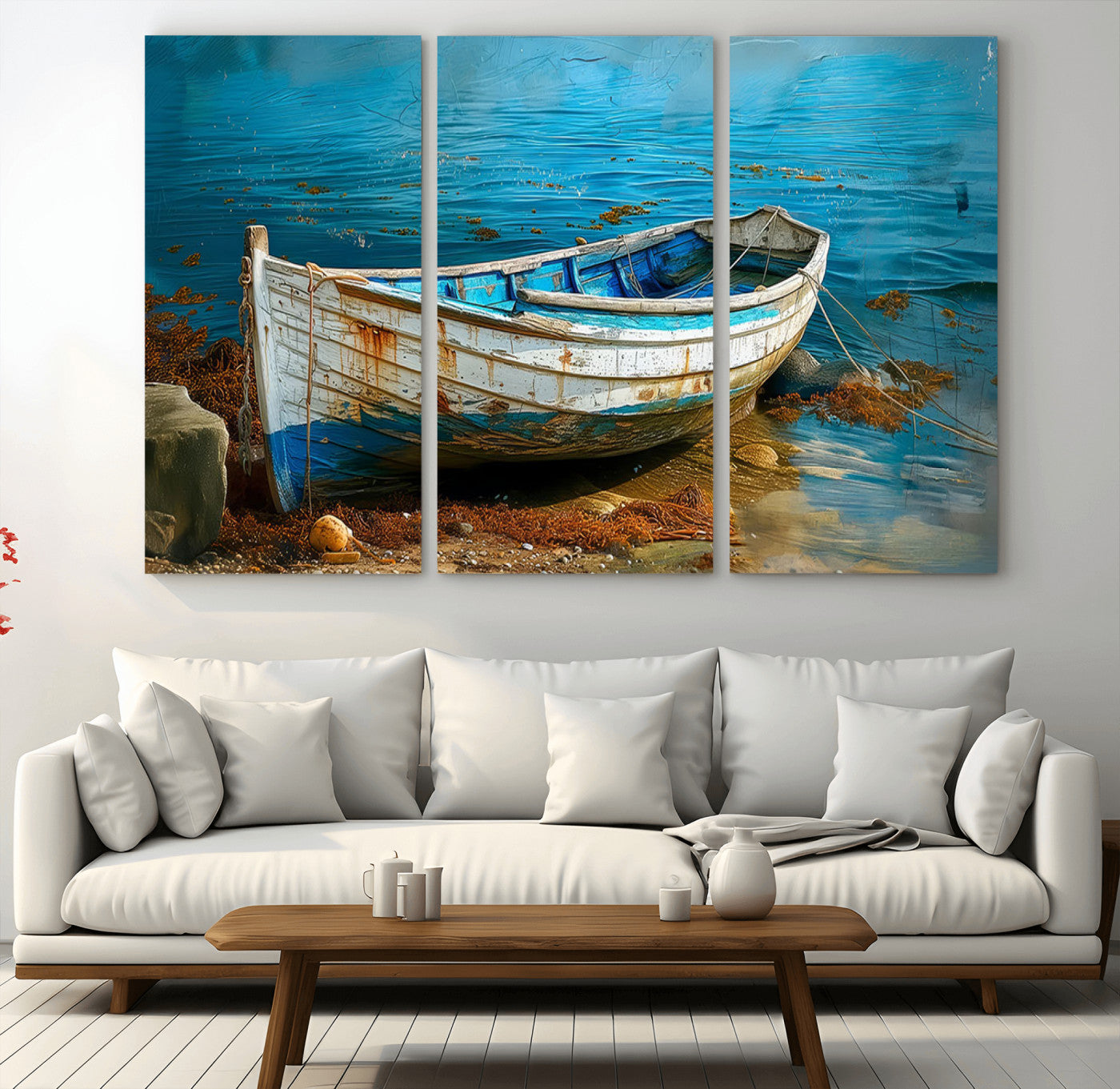 54716-MGV-CV-36X24-Vintage Boat on Tranquil Waters | Coastal Wall Art for Nautical Decor | Rustic Triptych Canvas Print