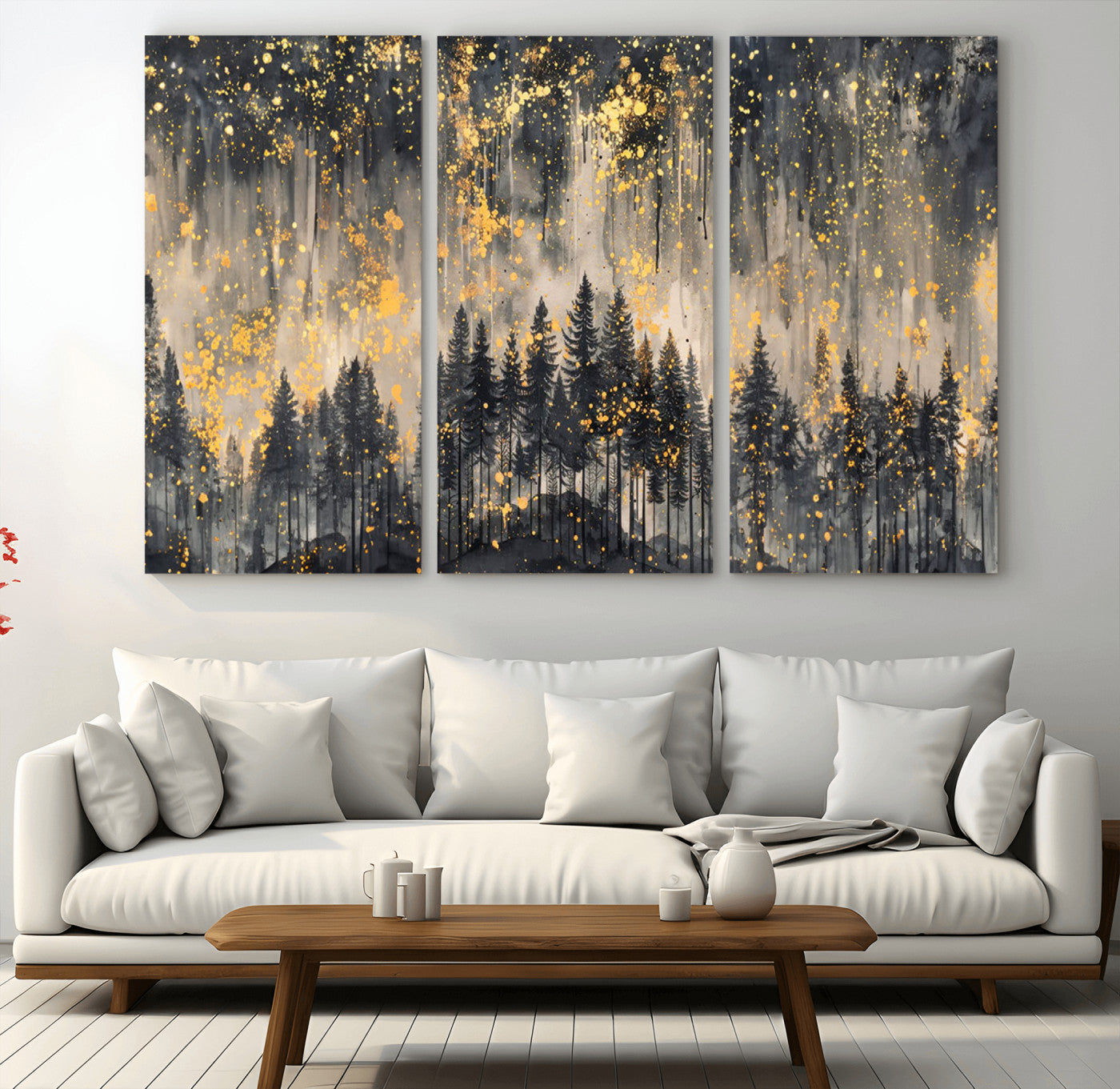 -Golden Forest Abstract Wall Art | Dark Forest with Gold Splatter Accents | Triptych Ready to Hang